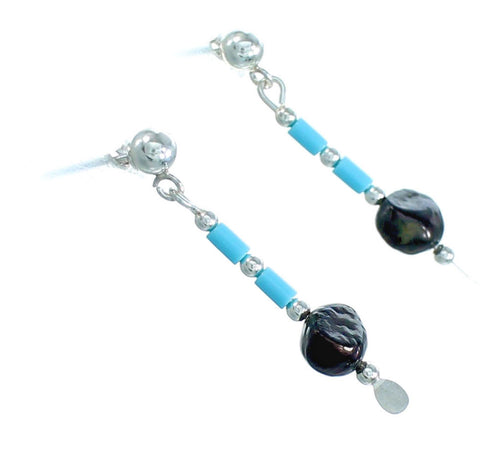 Black Mother Of Pearl Turquoise Sterling Silver Bead Post Dangle Earrings RX115188